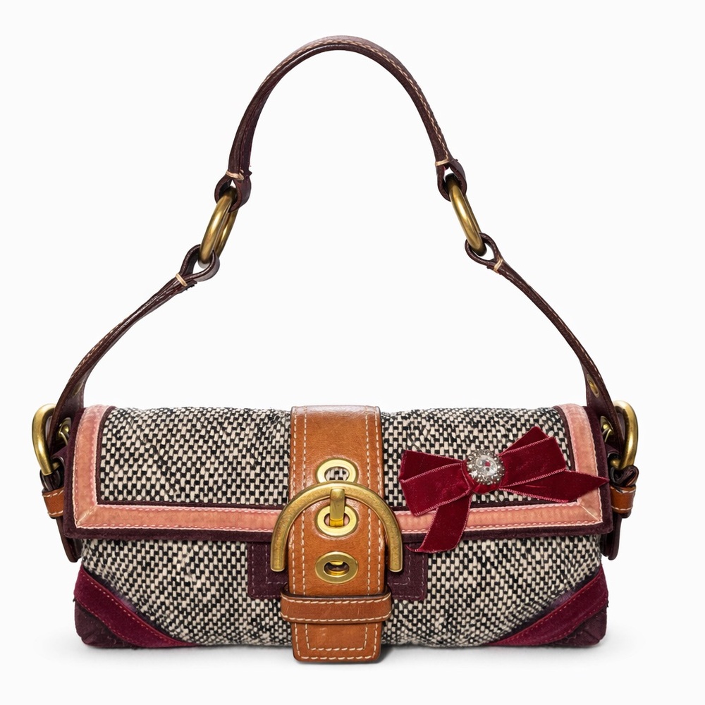 Coach vintage Y2K Tweed and Leather Shoulder Bag with bow accent